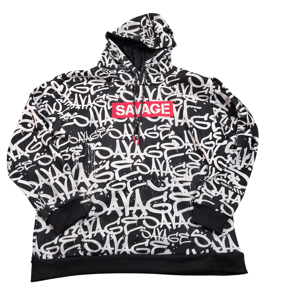 RGSTR Savage Hoodie Mens Medium Black White Red Graffiti Print Box Logo Street
